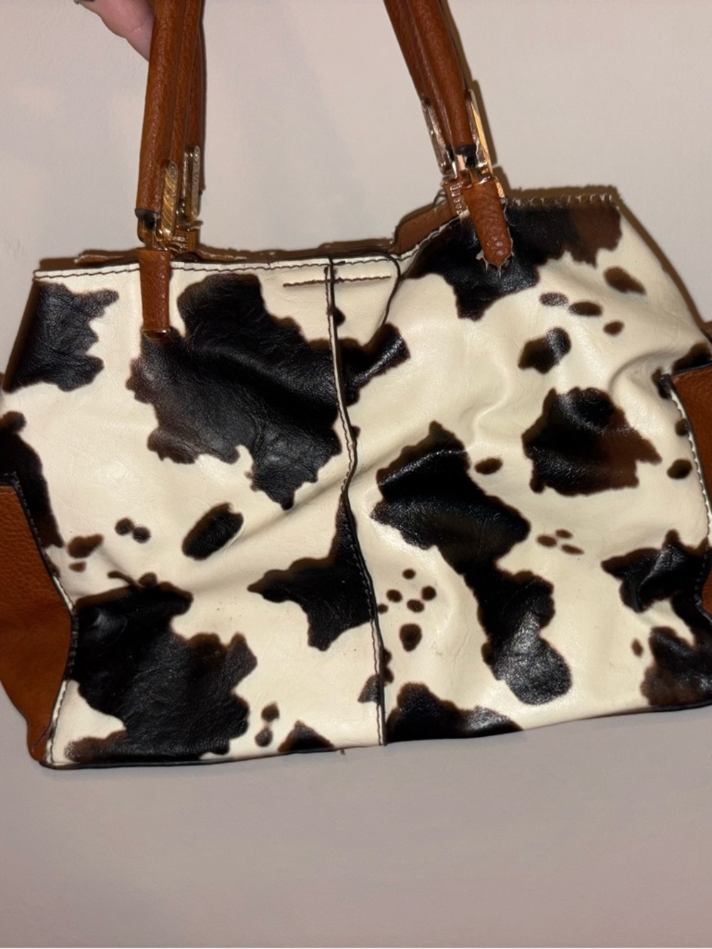 Brown-Trim Cowhide Pattern Tote Bag